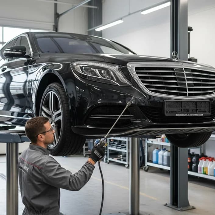 Vehicle being inspected for rust proofing